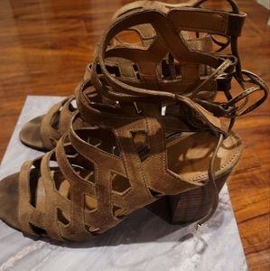 Suede open toe scrappy heels